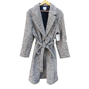 Nine West SZ XXL Black and White Herringbone Long Dress Coat w/ Waist Tie